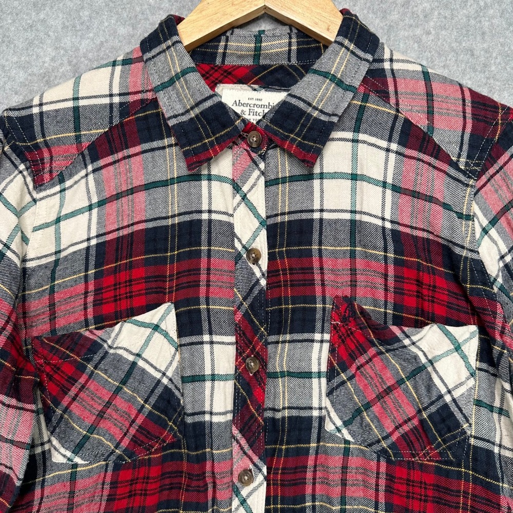 Abercrombie Fitch Womens L Plaid Flannel Shirt Button Down Long Sleeve Red Black